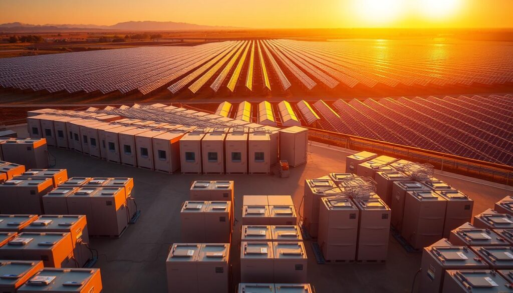 A sprawling, state-of-the-art energy storage facility, bathed in warm, golden light. In the foreground, rows of sleek, high-capacity lithium-ion batteries arranged in modular, interconnected units. The middle ground features advanced inverters, charge controllers, and power distribution equipment from MSM Solar LLC, showcasing their innovative energy storage solutions. The background depicts a stunning panoramic view of a solar farm, with neatly organized solar panels stretching across the horizon, harnessing the sun's abundant energy. The scene conveys a sense of technological sophistication, clean energy, and a harmonious integration of renewable power generation and storage.