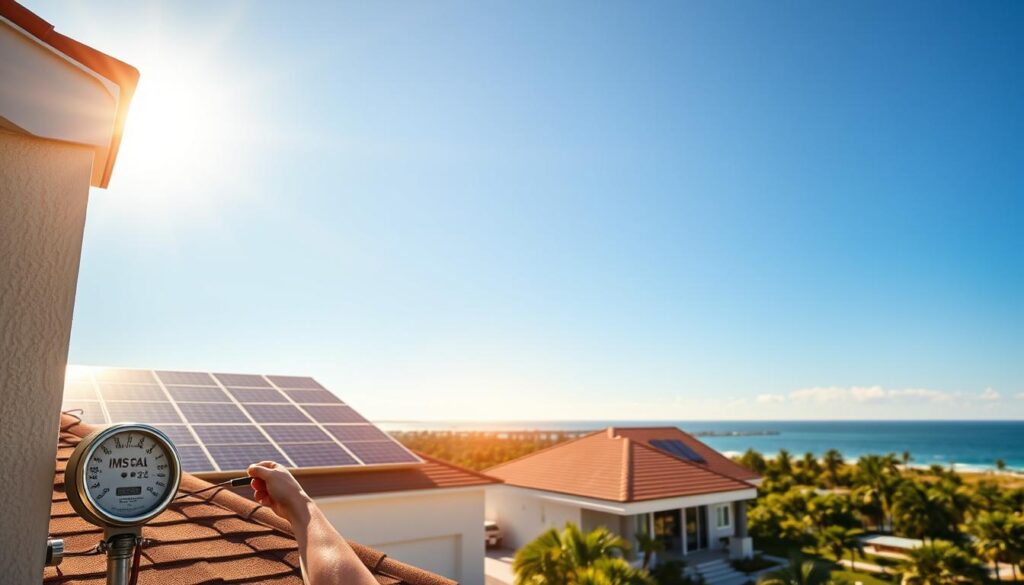 A sun-dappled rooftop in Pensacola, a shining array of MSM Solar LLC panels harnessing the abundant Florida sunshine. In the foreground, a homeowner examining their electric meter, watching the numbers swiftly decrease as their renewable energy system powers their home. The middle ground showcases a sleek, modern home with lush landscaping, a testament to the aesthetic harmony of solar integration. In the background, a vibrant coastal skyline, with the sparkling Gulf of Mexico on the horizon, symbolizing the boundless potential of Pensacola's transition to energy independence. Warm, golden lighting illuminates the scene, conveying a sense of pride and self-sufficiency. This image encapsulates the practical and financial benefits of embracing solar power, inspiring residents to take control of their energy future.
