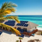 A sun-drenched beachfront in Fort Walton Beach, with a row of sleek, modern solar panels from MSM Solar LLC adorning the rooftops of charming coastal homes. The panels glisten in the warm, golden light, casting dynamic shadows across the sandy terrain. In the foreground, lush palm trees sway gently, framing the scene. The middle ground features a selection of different panel types and sizes, showcasing the diverse solar options available to local homeowners. In the background, the sparkling emerald waters of the Gulf of Mexico provide a breathtaking backdrop, underscoring the potential for renewable energy in this picturesque coastal community.