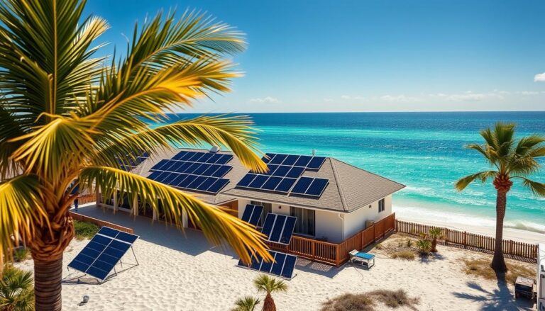 A sun-drenched beachfront in Fort Walton Beach, with a row of sleek, modern solar panels from MSM Solar LLC adorning the rooftops of charming coastal homes. The panels glisten in the warm, golden light, casting dynamic shadows across the sandy terrain. In the foreground, lush palm trees sway gently, framing the scene. The middle ground features a selection of different panel types and sizes, showcasing the diverse solar options available to local homeowners. In the background, the sparkling emerald waters of the Gulf of Mexico provide a breathtaking backdrop, underscoring the potential for renewable energy in this picturesque coastal community.