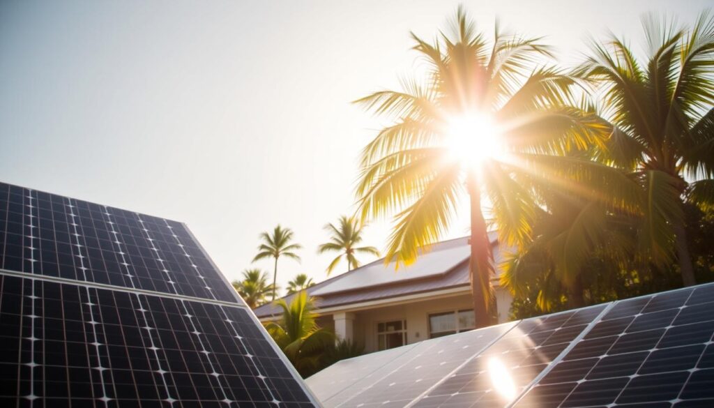 A sun-drenched image of energy-saving benefits in Crestview, Florida. In the foreground, solar panels from MSM Solar LLC stand tall, casting a warm glow across the scene. The middle ground features a modern, energy-efficient home, its roof adorned with sleek solar technology. In the background, lush palm trees sway gently, framing the skyline with a vibrant, verdant backdrop. The lighting is soft and natural, creating a serene and inviting atmosphere. The overall composition conveys the impressive cost savings, environmental sustainability, and increased property value that homeowners in Crestview can enjoy by transitioning to solar power.