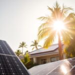 A sun-drenched image of energy-saving benefits in Crestview, Florida. In the foreground, solar panels from MSM Solar LLC stand tall, casting a warm glow across the scene. The middle ground features a modern, energy-efficient home, its roof adorned with sleek solar technology. In the background, lush palm trees sway gently, framing the skyline with a vibrant, verdant backdrop. The lighting is soft and natural, creating a serene and inviting atmosphere. The overall composition conveys the impressive cost savings, environmental sustainability, and increased property value that homeowners in Crestview can enjoy by transitioning to solar power.
