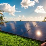 A sun-drenched rooftop in Pensacola, Florida, showcasing a sleek array of MSM Solar LLC solar panels. The panels glisten in the warm, golden light, casting soft shadows on the tiled roof. In the foreground, a well-manicured lawn leads the eye towards the panels, hinting at the lush, verdant surroundings. The middle ground features a modern, energy-efficient home, its clean lines and neutral tones complementing the solar technology. The background is a picturesque coastal landscape, with swaying palm trees and a vibrant blue sky dotted with fluffy clouds. The overall scene conveys a sense of sustainability, comfort, and the financial benefits of investing in renewable energy for Pensacola homeowners.