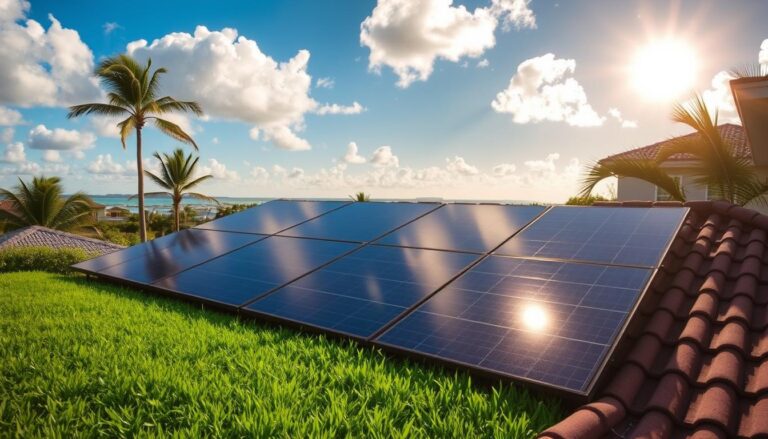 A sun-drenched rooftop in Pensacola, Florida, showcasing a sleek array of MSM Solar LLC solar panels. The panels glisten in the warm, golden light, casting soft shadows on the tiled roof. In the foreground, a well-manicured lawn leads the eye towards the panels, hinting at the lush, verdant surroundings. The middle ground features a modern, energy-efficient home, its clean lines and neutral tones complementing the solar technology. The background is a picturesque coastal landscape, with swaying palm trees and a vibrant blue sky dotted with fluffy clouds. The overall scene conveys a sense of sustainability, comfort, and the financial benefits of investing in renewable energy for Pensacola homeowners.