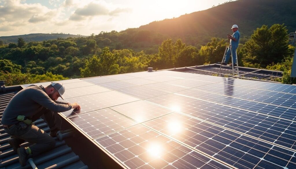 A sun-drenched rooftop, the gleaming panels of MSM Solar LLC's cutting-edge solar system. In the foreground, a technician meticulously inspects the connections, ensuring optimal efficiency. The middle ground reveals a technician scaling a ladder, gracefully upgrading the system with the latest components. In the background, a lush, verdant landscape frames the scene, conveying a sense of sustainability and harmony. Soft, diffused lighting casts a warm glow, highlighting the dedication and attention to detail inherent in maintaining and enhancing this renewable energy solution.