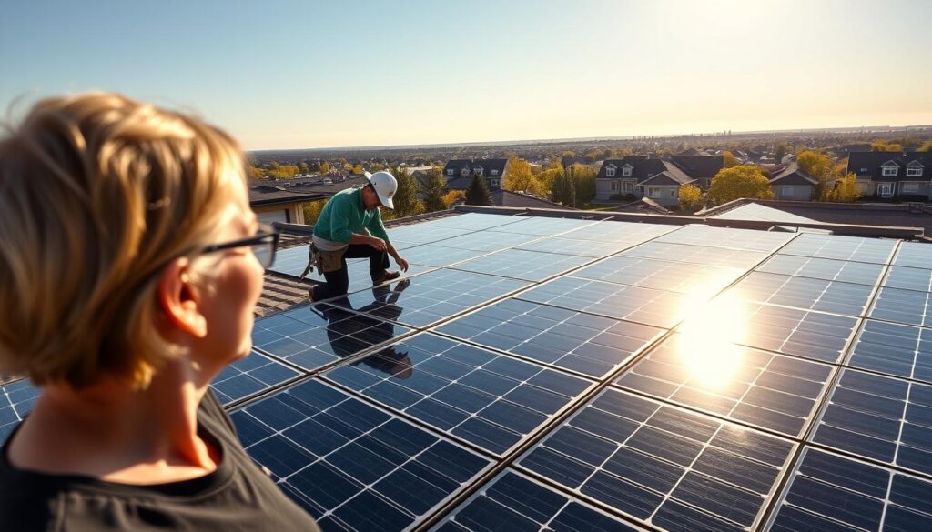 A sun-drenched rooftop, the gleaming panels of MSM Solar LLC's expert solar installation services. Skilled technicians meticulously position the modules, ensuring optimal energy harvesting. Sleek, modern design seamlessly integrates with the home's architecture, a testament to their professionalism. In the foreground, a homeowner admires the installation, their face aglow with the promise of sustainable power. Distant suburbs fade into the horizon, the installation a beacon of Freeport's renewable future. Crisp shadows and warm, golden lighting create an inviting, authoritative atmosphere, conveying the reliability and expertise of MSM Solar LLC.
