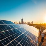 A sun-drenched scene of the MSM Solar LLC headquarters in Pensacola, Florida. In the foreground, a gleaming array of solar panels stands tall, capturing the radiant energy of the Gulf Coast sun. The middle ground reveals a bustling team of technicians and engineers, expertly installing and maintaining the cutting-edge solar systems that power homes and businesses across the city. In the background, the iconic Pensacola skyline stretches out, a testament to the city's embrace of renewable energy. The warm, golden light of the afternoon sun bathes the entire scene, creating a sense of optimism and progress as the Pensacola solar revolution takes shape.