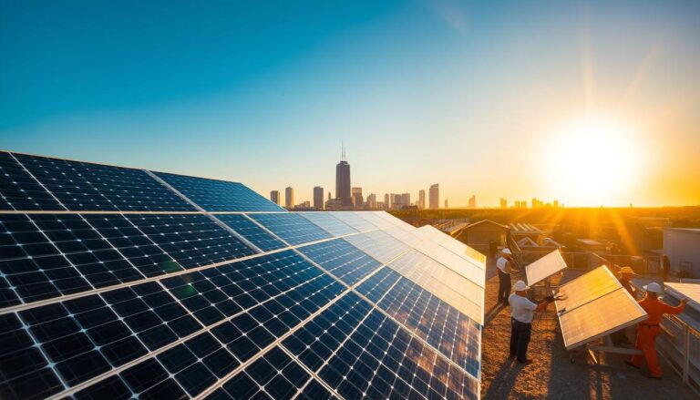 A sun-drenched scene of the MSM Solar LLC headquarters in Pensacola, Florida. In the foreground, a gleaming array of solar panels stands tall, capturing the radiant energy of the Gulf Coast sun. The middle ground reveals a bustling team of technicians and engineers, expertly installing and maintaining the cutting-edge solar systems that power homes and businesses across the city. In the background, the iconic Pensacola skyline stretches out, a testament to the city's embrace of renewable energy. The warm, golden light of the afternoon sun bathes the entire scene, creating a sense of optimism and progress as the Pensacola solar revolution takes shape.
