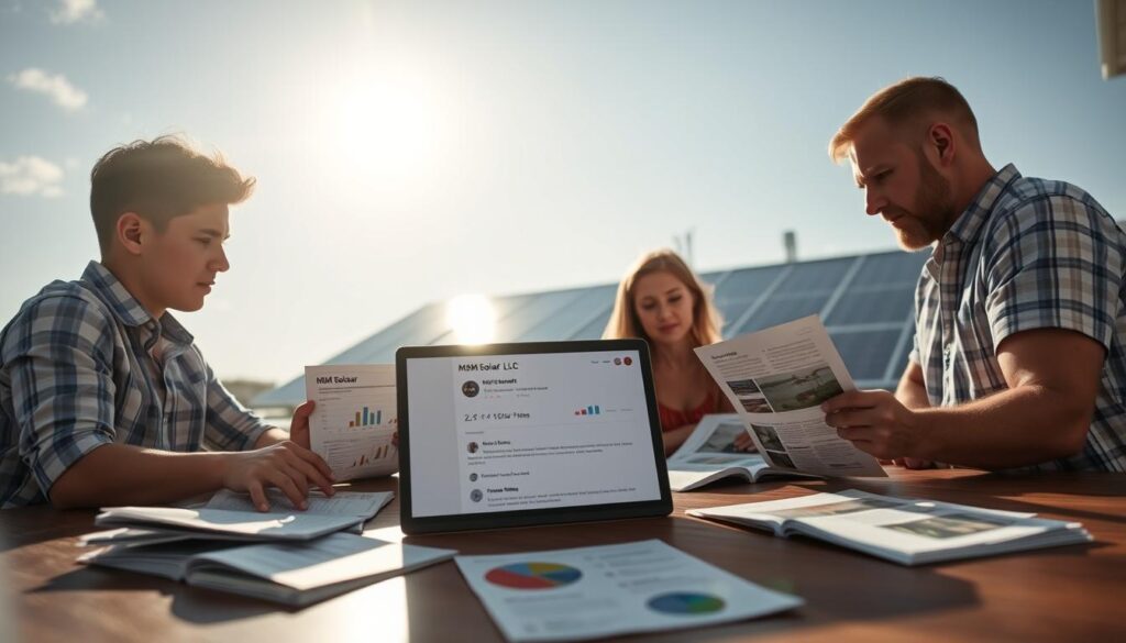 A sunny afternoon in Pensacola, Florida. In the foreground, a family gathers around a large table, studying brochures and documents from different solar installation companies. The eldest son points to a graph, discussing the cost-benefit analysis of each provider. In the middle ground, a laptop displays reviews and ratings of local solar firms, including "MSM Solar LLC". In the background, the family's newly installed solar panels glisten on the rooftop, casting a warm glow over the scene. The lighting is soft and diffused, creating a contemplative atmosphere as the family deliberates the best solar solution for their home.