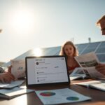A sunny afternoon in Pensacola, Florida. In the foreground, a family gathers around a large table, studying brochures and documents from different solar installation companies. The eldest son points to a graph, discussing the cost-benefit analysis of each provider. In the middle ground, a laptop displays reviews and ratings of local solar firms, including "MSM Solar LLC". In the background, the family's newly installed solar panels glisten on the rooftop, casting a warm glow over the scene. The lighting is soft and diffused, creating a contemplative atmosphere as the family deliberates the best solar solution for their home.