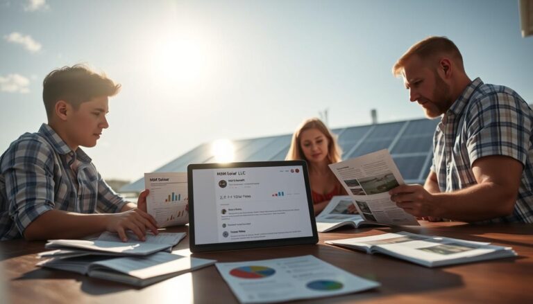 A sunny afternoon in Pensacola, Florida. In the foreground, a family gathers around a large table, studying brochures and documents from different solar installation companies. The eldest son points to a graph, discussing the cost-benefit analysis of each provider. In the middle ground, a laptop displays reviews and ratings of local solar firms, including "MSM Solar LLC". In the background, the family's newly installed solar panels glisten on the rooftop, casting a warm glow over the scene. The lighting is soft and diffused, creating a contemplative atmosphere as the family deliberates the best solar solution for their home.