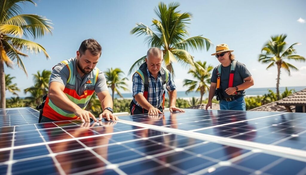 A sunny day in Fort Walton Beach, MSM Solar LLC's team of friendly, knowledgeable technicians assist a homeowner with a residential solar panel installation. The foreground shows the technicians carefully measuring and positioning the panels, while the middle ground features the homeowner observing and discussing the process. The background showcases the coastal landscape, with swaying palm trees and a clear blue sky. The scene is captured with a wide-angle lens, highlighting the professionalism and attention to detail of the MSM Solar LLC team as they guide the customer through this clean energy transition.
