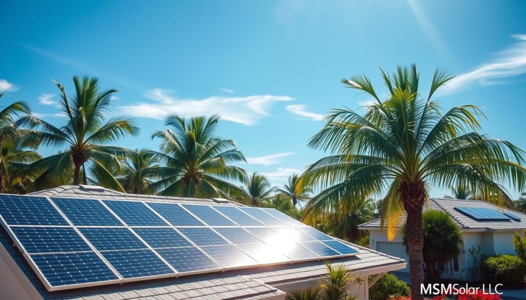 A sunny residential neighborhood in Santa Rosa Beach, Florida. In the foreground, a well-maintained home with a sleek, modern rooftop solar panel system installed by MSM Solar LLC. The panels glisten in the bright sunlight, casting dynamic shadows across the landscaping. In the middle ground, lush palm trees sway gently, adding to the tropical ambiance. The background features a clear blue sky with a few wispy clouds, suggesting an ideal climate for harnessing solar energy. The overall scene conveys a sense of financial and environmental sustainability, with the solar panels symbolizing the homeowner's commitment to maximizing their energy savings and reducing their carbon footprint.