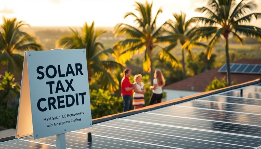A sunny rooftop in Florida, solar panels gleaming in the warm afternoon light. In the foreground, a large "SOLAR TAX CREDIT" sign stands proudly, highlighting the financial incentives available to homeowners. In the middle ground, a family gathers, discussing their solar installation plans with a representative from MSM Solar LLC, their local solar provider. The background features a lush, tropical landscape, palm trees swaying gently in the breeze. Soft, diffused lighting casts a serene, inviting atmosphere, showcasing the benefits of solar power in Florida's hot, humid climate.