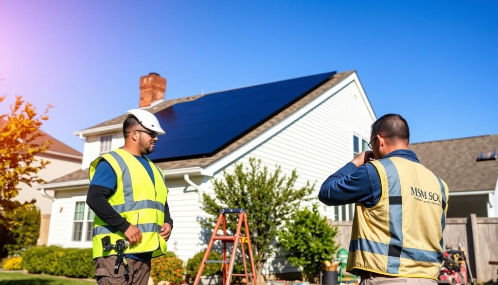 A sunny suburban backyard, with a two-story home taking center stage. On the roof, a meticulously installed MSM Solar LLC solar panel system, its sleek black panels contrasting beautifully against the white siding. In the foreground, a professional solar technician in a safety vest inspects the wiring, ensuring optimal performance. The middle ground features a well-organized worksite, with tools and equipment neatly arranged. The background showcases a clear blue sky, accentuating the renewable energy narrative. Warm, natural lighting bathes the scene, conveying a sense of efficiency and environmental responsibility.