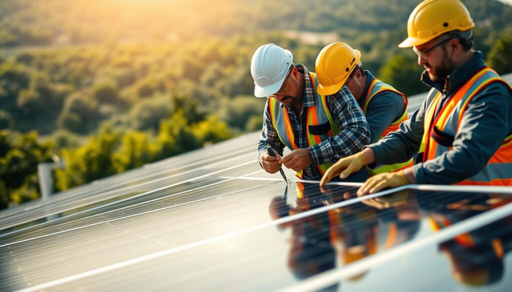 A team of skilled technicians from MSM Solar LLC carefully inspecting and repairing a solar panel installation. The foreground depicts the workers in their safety gear, diligently examining the solar panels with precision tools. The middle ground showcases the solar array, its sleek black panels gleaming in the warm, diffused sunlight. In the background, a lush green landscape provides a natural backdrop, conveying a sense of sustainability and harmony. The overall scene radiates professionalism, attention to detail, and a commitment to enhancing the longevity of the solar power system.