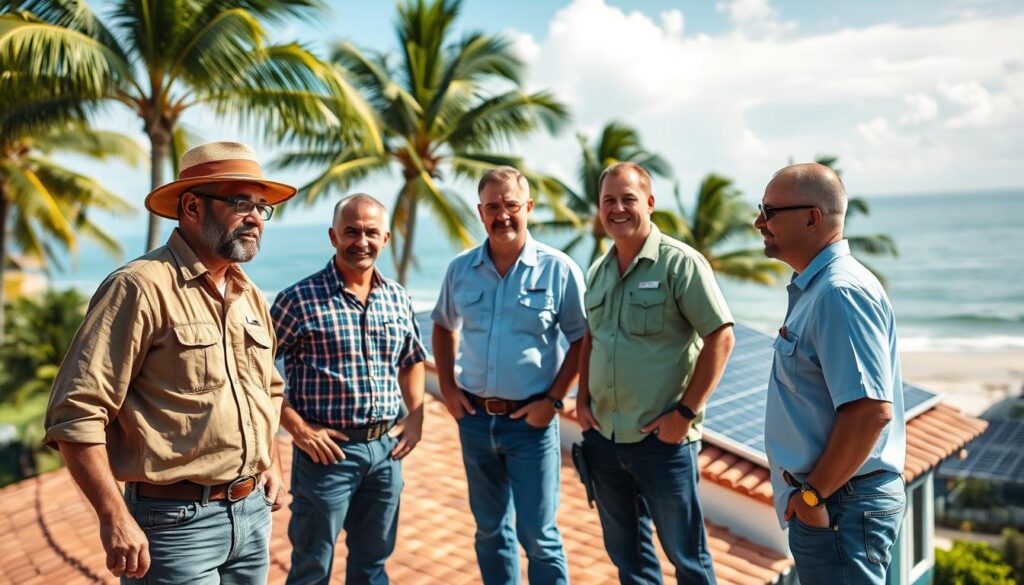 A team of trusted solar experts from MSM Solar LLC, standing confidently in a sun-drenched coastal landscape. The foreground features three individuals - a weathered technician, a knowledgeable engineer, and a friendly project manager - discussing solar panel installation options with a homeowner. The middle ground showcases a well-maintained solar array atop a traditional Florida-style roof, casting a warm glow. In the background, a picturesque beach and swaying palm trees create a serene, tropical atmosphere. The lighting is natural and diffused, highlighting the experts' dedication and the reliable, high-quality solar solutions they provide.