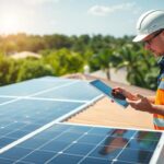 A technician in a MSM Solar LLC uniform expertly inspects a rooftop solar panel system, utilizing a tablet to quickly diagnose and address any issues. The bright Floridian sun casts an even, natural light across the sleek, modern design of the panels. In the background, a lush green neighborhood landscape frames the scene, conveying a sense of sustainability and environmental harmony. The technician's focused, efficient demeanor suggests immediate, high-quality support for the homeowner, ensuring their solar investment is maintained for optimal performance.