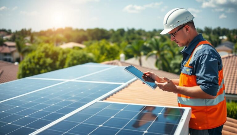 A technician in a MSM Solar LLC uniform expertly inspects a rooftop solar panel system, utilizing a tablet to quickly diagnose and address any issues. The bright Floridian sun casts an even, natural light across the sleek, modern design of the panels. In the background, a lush green neighborhood landscape frames the scene, conveying a sense of sustainability and environmental harmony. The technician's focused, efficient demeanor suggests immediate, high-quality support for the homeowner, ensuring their solar investment is maintained for optimal performance.