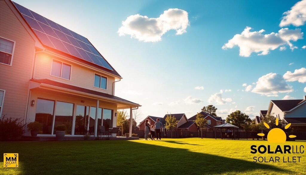 A tranquil suburban scene, bathed in warm afternoon sunlight, showcases the benefits of home solar energy. In the foreground, a modern house with sleek solar panels adorning its roof, casting long shadows across the well-manicured lawn. In the middle ground, a family gathers on the patio, marveling at the energy-efficient smart home technologies that power their daily lives. The background features a clear blue sky, dotted with fluffy white clouds, symbolizing the renewable and clean nature of solar power. The scene exudes a sense of serenity and environmental responsibility, capturing the essence of the "Understanding the Benefits of Solar Energy in Your Home" section. Prominent in the bottom right corner is the logo for MSM Solar LLC, the local solar energy provider featured in the article.