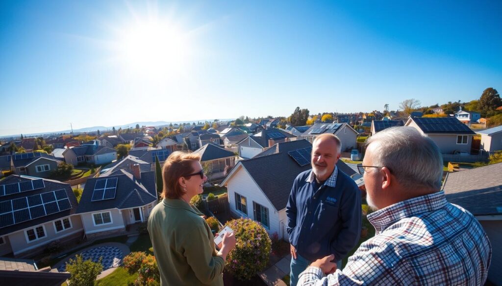 A vibrant aerial view of a residential neighborhood, with solar panels adorning the rooftops. In the foreground, a homeowner is speaking with a representative from MSM Solar LLC, discussing the details of a property-assessed clean energy (PACE) program. The middle ground showcases a mix of traditional and modern homes, highlighting the integration of renewable energy solutions. The background features a clear blue sky, with the sun's rays casting a warm glow over the scene, symbolizing the promise of clean, sustainable power. The overall composition conveys a sense of progress, community, and the intersection of finance and environmental responsibility.