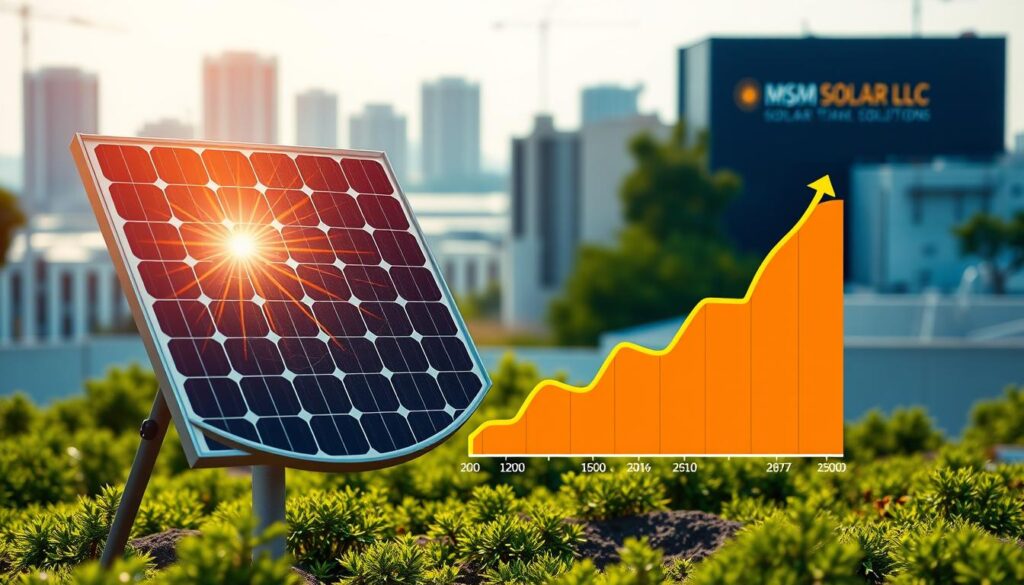 A vibrant, detailed illustration of the financial benefits of solar tax credits. In the foreground, a stylized solar panel casts a warm glow, its intricate design radiating energy. In the middle ground, a line graph showcases the cost savings over time, the upward trend accentuated by bold colors. In the background, a cityscape backdrop featuring the MSM Solar LLC brand, symbolizing the widespread adoption of sustainable energy solutions. The scene is bathed in soft, natural lighting, conveying a sense of optimism and environmental consciousness.