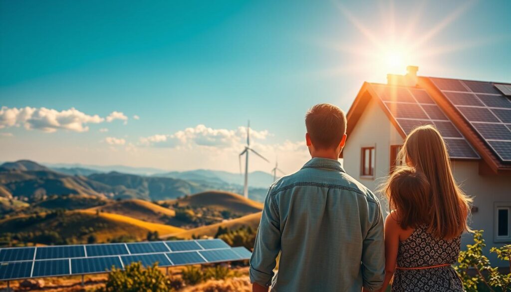 A vibrant solar energy landscape with sweeping vistas and towering panels reflecting the sun's radiant energy. In the foreground, a family gazes upon their MSM Solar LLC-installed home, its rooftop adorned with gleaming solar cells harnessing clean, renewable power. The middle ground showcases rolling hills dotted with lush vegetation, while the background features a cloudless azure sky, signifying the boundless potential of solar energy. Warm, golden lighting imbues the scene with a sense of prosperity and environmental harmony. The overall composition conveys the cost-saving and eco-friendly benefits of solar power, inspiring a vision of a sustainable future.