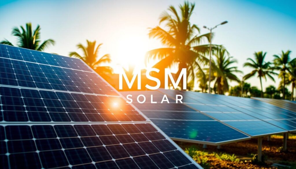 A vibrant solar panel array stands prominently in the foreground, casting a warm glow across the scene. In the middle ground, a sleek MSM Solar LLC logo shines, highlighting the company's commitment to renewable energy solutions. The background features a lush, sun-dappled Florida landscape, with palm trees and a clear blue sky. The overall atmosphere conveys a sense of financial opportunity and environmental sustainability, inviting the viewer to explore the investment and savings potential of solar power in the Sunshine State.