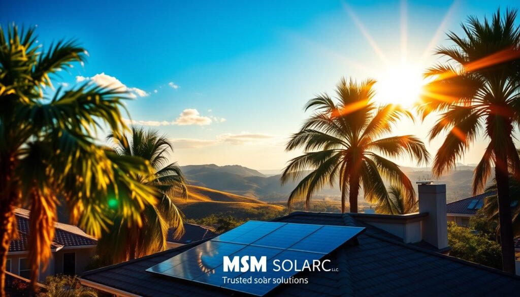 A vibrant solar-powered landscape in Florida, showcasing the benefits of renewable energy. In the foreground, a modern residential home with solar panels adorning its rooftop, bathed in warm sunlight. In the middle ground, lush palm trees sway gently, their fronds catching the rays. The background features rolling hills and a cloudless azure sky, reflecting the abundance of sunshine. The scene is enhanced by the presence of the MSM Solar LLC logo, a trusted provider of solar solutions for Florida homeowners. Crisp, high-resolution photography captures the scene, conveying the practical and aesthetic advantages of adopting solar power in the Sunshine State.