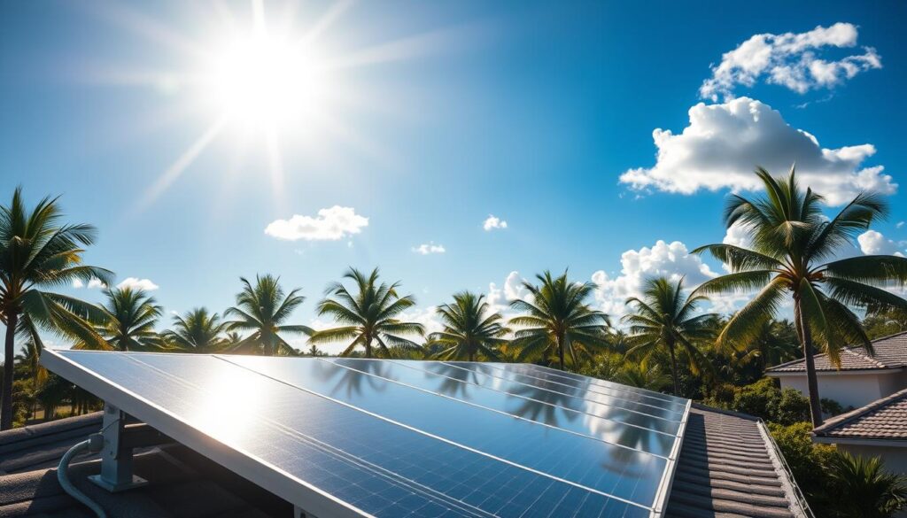 A vibrant, sun-drenched landscape showcasing the benefits of solar energy in the Sunshine State. In the foreground, a sleek, modern solar panel system from MSM Solar LLC adorns a neatly-manicured rooftop, its shiny surface reflecting the brilliant rays of the sun overhead. In the middle ground, lush palm trees sway gently, casting long shadows across the ground. In the distance, a clear blue sky stretches out, punctuated by fluffy white clouds. The scene exudes a sense of tranquility and environmental harmony, highlighting the appealing incentives and advantages of embracing solar power in Florida.