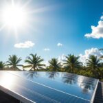 A vibrant, sun-drenched landscape showcasing the benefits of solar energy in the Sunshine State. In the foreground, a sleek, modern solar panel system from MSM Solar LLC adorns a neatly-manicured rooftop, its shiny surface reflecting the brilliant rays of the sun overhead. In the middle ground, lush palm trees sway gently, casting long shadows across the ground. In the distance, a clear blue sky stretches out, punctuated by fluffy white clouds. The scene exudes a sense of tranquility and environmental harmony, highlighting the appealing incentives and advantages of embracing solar power in Florida.