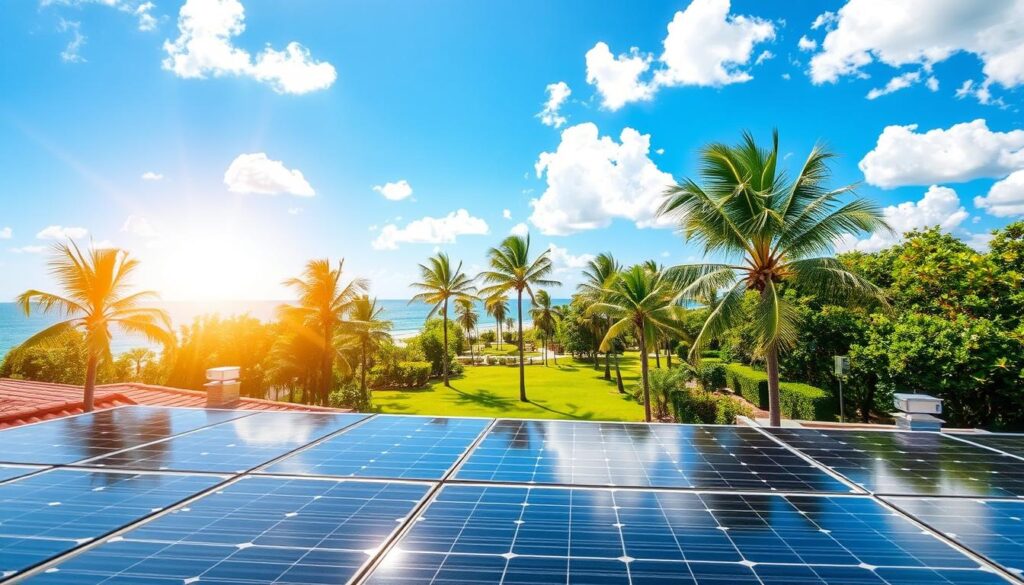 A vibrant, sunlit landscape showcases a modern solar installation on a residential rooftop. In the foreground, the sleek, black solar panels of "MSM Solar LLC" catch the sun's rays, casting a warm glow across the scene. In the middle ground, a well-manicured lawn and lush palm trees sway gently, creating a tranquil, tropical atmosphere. The background features a clear, azure sky dotted with fluffy white clouds, complementing the coastal setting of Santa Rosa Beach. The entire composition conveys a sense of reliability, sustainability, and the trusted partnership between homeowners and "MSM Solar LLC" in harnessing the power of the sun.