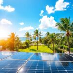 A vibrant, sunlit landscape showcases a modern solar installation on a residential rooftop. In the foreground, the sleek, black solar panels of "MSM Solar LLC" catch the sun's rays, casting a warm glow across the scene. In the middle ground, a well-manicured lawn and lush palm trees sway gently, creating a tranquil, tropical atmosphere. The background features a clear, azure sky dotted with fluffy white clouds, complementing the coastal setting of Santa Rosa Beach. The entire composition conveys a sense of reliability, sustainability, and the trusted partnership between homeowners and "MSM Solar LLC" in harnessing the power of the sun.
