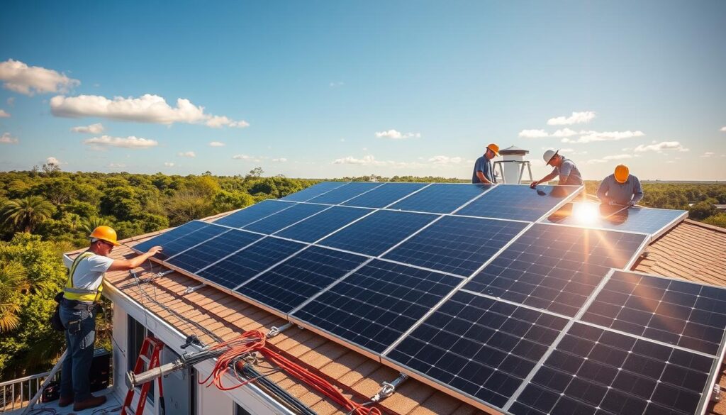 A well-equipped solar installation crew from MSM Solar LLC expertly assembling a state-of-the-art residential photovoltaic system on a sunny, cloudless day in Santa Rosa Beach, Florida. The sleek black solar panels glisten in the warm, golden sunlight, seamlessly integrated into the home's rooftop architecture. In the foreground, technicians meticulously connect wiring and install inverters, ensuring maximum efficiency and safety. The middle ground showcases the team's specialized tools and equipment, while the background depicts the lush, verdant landscape characteristic of the coastal region. An atmosphere of professionalism, attention to detail, and a commitment to renewable energy solutions permeates the scene.