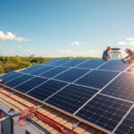 A well-equipped solar installation crew from MSM Solar LLC expertly assembling a state-of-the-art residential photovoltaic system on a sunny, cloudless day in Santa Rosa Beach, Florida. The sleek black solar panels glisten in the warm, golden sunlight, seamlessly integrated into the home's rooftop architecture. In the foreground, technicians meticulously connect wiring and install inverters, ensuring maximum efficiency and safety. The middle ground showcases the team's specialized tools and equipment, while the background depicts the lush, verdant landscape characteristic of the coastal region. An atmosphere of professionalism, attention to detail, and a commitment to renewable energy solutions permeates the scene.