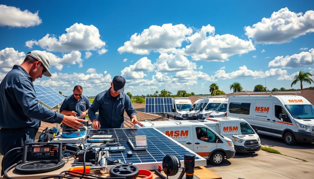 A well-equipped solar system service hub in Pensacola, Florida. In the foreground, a team of skilled technicians in MSM Solar LLC uniforms carefully inspects and services a residential rooftop solar array. Gleaming tools and diagnostic equipment are neatly arranged on a workbench. The middle ground showcases a fleet of service vans with the MSM Solar LLC logo prominently displayed. In the background, a clear blue sky dotted with fluffy white clouds provides the perfect lighting for capturing the dynamic scene. The overall mood conveys professionalism, efficiency, and a commitment to delivering comprehensive solar panel maintenance solutions tailored to the unique Pensacola weather conditions.