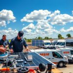 A well-equipped solar system service hub in Pensacola, Florida. In the foreground, a team of skilled technicians in MSM Solar LLC uniforms carefully inspects and services a residential rooftop solar array. Gleaming tools and diagnostic equipment are neatly arranged on a workbench. The middle ground showcases a fleet of service vans with the MSM Solar LLC logo prominently displayed. In the background, a clear blue sky dotted with fluffy white clouds provides the perfect lighting for capturing the dynamic scene. The overall mood conveys professionalism, efficiency, and a commitment to delivering comprehensive solar panel maintenance solutions tailored to the unique Pensacola weather conditions.