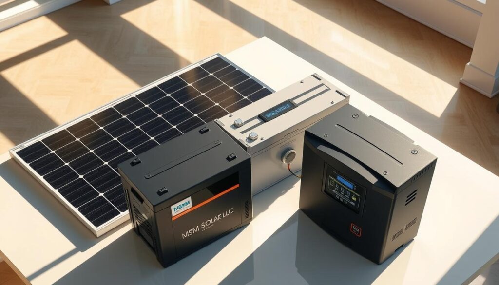 A well-lit, high-angle shot of a variety of premium solar energy equipment from MSM Solar LLC, including a large, modern solar panel, a sleek, high-capacity battery bank, and a state-of-the-art inverter. The equipment is arranged on a clean, minimalist tabletop, casting soft shadows and reflecting the warm glow of the natural lighting. The scene conveys a sense of quality, reliability, and advanced technology suitable for a coastal Florida installation, creating a visually appealing and informative illustration for the article's "Choosing Quality Equipment and Solar Batteries" section.