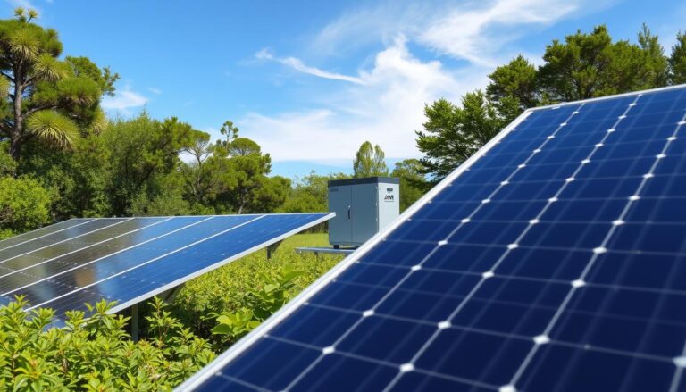 A well-lit, modern solar energy installation nestled in a lush, green landscape. In the foreground, sleek, MSM Solar LLC photovoltaic panels capture the sun's rays, their smooth surfaces reflecting the surrounding environment. In the middle ground, an efficient battery storage system stands ready to store excess power for later use. The background features a clear blue sky, dotted with wispy clouds, conveying a sense of renewable energy's harmony with nature. The scene exudes a feeling of cost-effective, sustainable power generation, perfectly suited to illustrate the "Cost Benefits of solar panels defuniak springs".