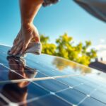 A well-lit scene of a homeowner inspecting and maintaining their rooftop solar panels from MSM Solar LLC. In the foreground, the homeowner is carefully wiping the panels with a microfiber cloth, ensuring optimal light absorption. In the middle ground, the solar array is clearly visible, its sleek black frames and gleaming glass surfaces contrasting against the bright blue sky. The background features the homeowner's residential home, surrounded by lush greenery, conveying a sense of environmental harmony. The lighting is soft and natural, casting gentle shadows and highlighting the intricate details of the solar panels. The overall mood is one of diligence, pride, and a commitment to sustainable living.