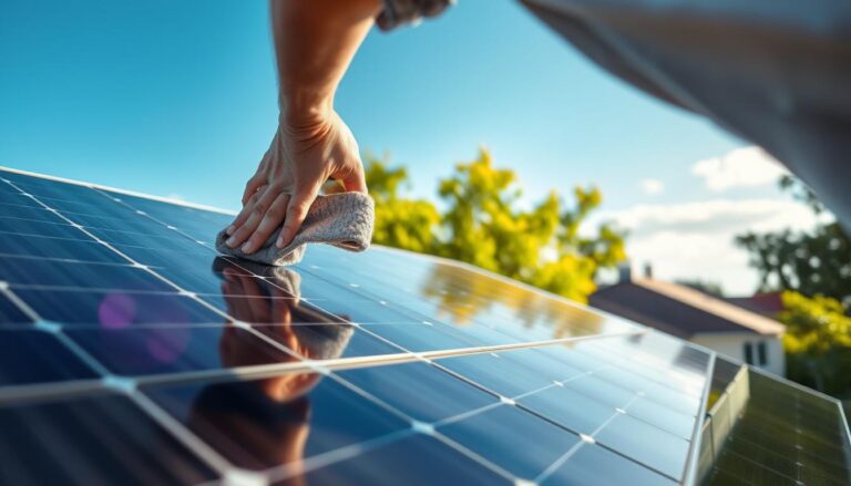 A well-lit scene of a homeowner inspecting and maintaining their rooftop solar panels from MSM Solar LLC. In the foreground, the homeowner is carefully wiping the panels with a microfiber cloth, ensuring optimal light absorption. In the middle ground, the solar array is clearly visible, its sleek black frames and gleaming glass surfaces contrasting against the bright blue sky. The background features the homeowner's residential home, surrounded by lush greenery, conveying a sense of environmental harmony. The lighting is soft and natural, casting gentle shadows and highlighting the intricate details of the solar panels. The overall mood is one of diligence, pride, and a commitment to sustainable living.
