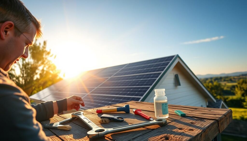 A well-maintained MSM Solar LLC system atop a residential home, bathed in warm, golden sunlight. In the foreground, a person carefully inspecting the panels, their face expressing deep concentration. The middle ground showcases a toolkit, including a wrench and cleaning supplies, neatly arranged on a weathered wooden table. In the background, a lush, verdant landscape with swaying trees and a clear blue sky, creating a serene and inviting atmosphere. The overall scene conveys the importance of diligent solar panel maintenance for maximizing the longevity and efficiency of this renewable energy investment.