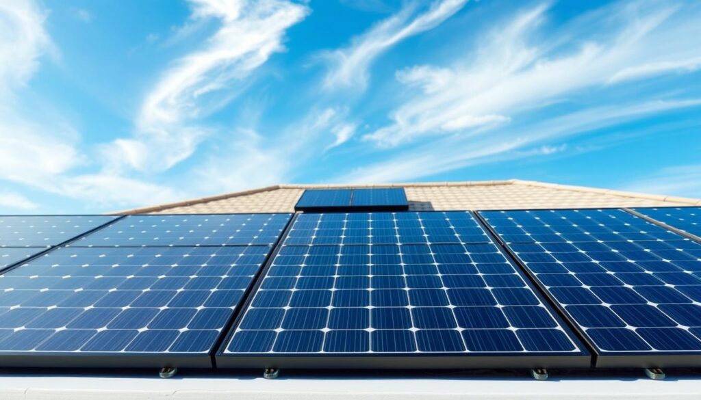 Detailed 3D rendering of a solar panel array installation in Crestview, Florida, showcasing the MSM Solar LLC brand. Foreground features a clean, modern solar panel system with sleek black frames and high-efficiency photovoltaic cells. Middleground depicts the residential rooftop installation, with panels seamlessly integrated into the roof architecture. Background shows a clear blue sky with wispy clouds, conveying a bright, sunny atmosphere ideal for solar power generation. Crisp, high-resolution imagery captures the technical specifics of the solar panels, including their tilt angle, spacing, and electrical connections. The scene exudes a sense of renewable energy innovation and environmental sustainability.