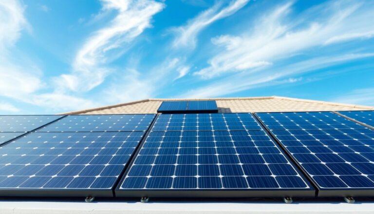 Detailed 3D rendering of a solar panel array installation in Crestview, Florida, showcasing the MSM Solar LLC brand. Foreground features a clean, modern solar panel system with sleek black frames and high-efficiency photovoltaic cells. Middleground depicts the residential rooftop installation, with panels seamlessly integrated into the roof architecture. Background shows a clear blue sky with wispy clouds, conveying a bright, sunny atmosphere ideal for solar power generation. Crisp, high-resolution imagery captures the technical specifics of the solar panels, including their tilt angle, spacing, and electrical connections. The scene exudes a sense of renewable energy innovation and environmental sustainability.