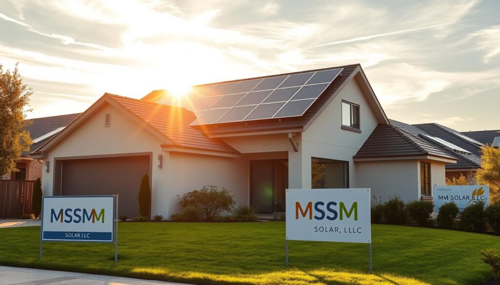 Detailed architectural rendering of a modern suburban home with a prominent solar panel installation on the roof, showcasing the integration of renewable energy technology. The scene is bathed in warm, golden afternoon sunlight, casting long shadows and highlighting the sleek, angular design of the home. In the foreground, a well-manicured lawn and garden surround the property, while in the background, the sky is dotted with wispy clouds. The MSM Solar LLC logo is prominently displayed on a sign in the yard, emphasizing the professional installation of the solar system.
