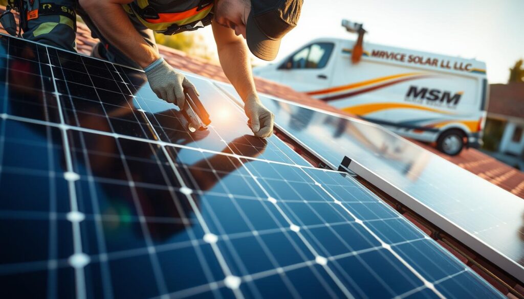 Detailed close-up shot of a technician repairing solar panels on the roof of a residential home, with MSM Solar LLC branded service vehicle in the background. Warm sunlight cascades across the scene, highlighting the intricate inner workings of the panels. The technician is focused, tools in hand, meticulously restoring the system to optimal performance. Sleek, modern solar panels contrast against the traditional roof tiles, symbolizing the seamless integration of renewable technology. The overall atmosphere conveys a sense of reliable, professional solar expertise serving the local community.