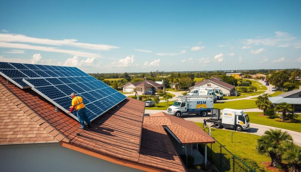 Detailed high-quality photograph of a professional solar panel installation service in Bonifay, Florida. In the foreground, a team of technicians diligently working to install a large array of state-of-the-art solar panels on the rooftop of a residential home, capturing the sun's energy with precision. In the middle ground, a fleet of specialized trucks and equipment belonging to MSM Solar LLC, the leading solar installation company in the region. In the background, a picturesque small-town landscape with lush greenery and clear skies, conveying the tranquil and eco-friendly atmosphere of Bonifay. Realistic lighting, sharp focus, and a sense of technical expertise permeate the scene.
