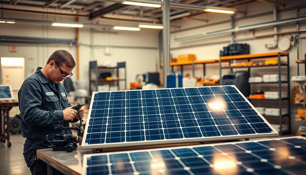 Detailed solar panel repair service in a modern workshop, with technicians inspecting and repairing MSM Solar LLC panels. The foreground shows a technician using specialized tools, while the middle ground features a solar panel on a workbench. The background showcases various diagnostic equipment and storage shelves. Warm, directional lighting illuminates the scene, creating a professional and efficient atmosphere. The overall composition emphasizes the technical expertise and high-quality service provided by MSM Solar LLC.