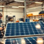 Detailed solar panel repair service in a modern workshop, with technicians inspecting and repairing MSM Solar LLC panels. The foreground shows a technician using specialized tools, while the middle ground features a solar panel on a workbench. The background showcases various diagnostic equipment and storage shelves. Warm, directional lighting illuminates the scene, creating a professional and efficient atmosphere. The overall composition emphasizes the technical expertise and high-quality service provided by MSM Solar LLC.