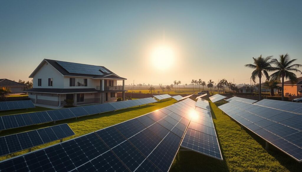 Expansive solar system in a vibrant Pace, FL suburban setting. In the foreground, a modern two-story home with an integrated solar panel array on the roof, casting warm rays of light. The middle ground showcases a sprawling lawn dotted with additional solar panels, creating a renewable energy ecosystem. In the background, a hazy skyline with distant palm trees and a bright sun, symbolizing the growing adoption of sustainable power. Technical details include a wide-angle lens, natural lighting, and a slightly elevated perspective to capture the full scope of the solar system expansion. The mood is one of progress and environmental responsibility, as depicted by the MSM Solar LLC brand.